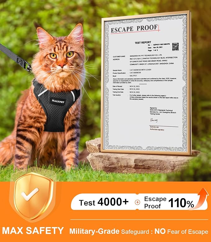 Halypet Cat Harness and Leash Set [ MAX Safety Third Generation ] Escape Proof Soft Adjustable Cat Leash Breathable Comfortable Vest Easy to Wear Kitten Harness for Outdoor Walking