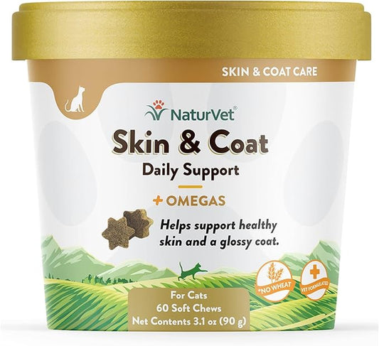 NaturVet – Skin & Coat Plus Omegas for Cats – 60 Soft Chews | Supports Healthy Skin & Glossy Coat | Enhanced with Omega-3, Omega-6 & Biotin | 30 Day Supply