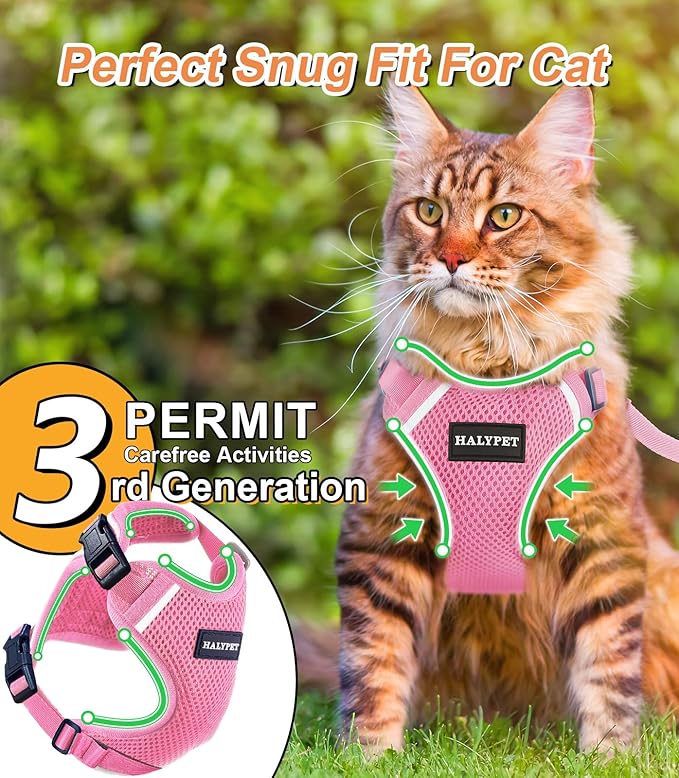 Halypet Cat Harness and Leash Set [ MAX Safety Third Generation ] Escape Proof Soft Adjustable Cat Leash Breathable Comfortable Vest Easy to Wear Kitten Harness for Outdoor Walking