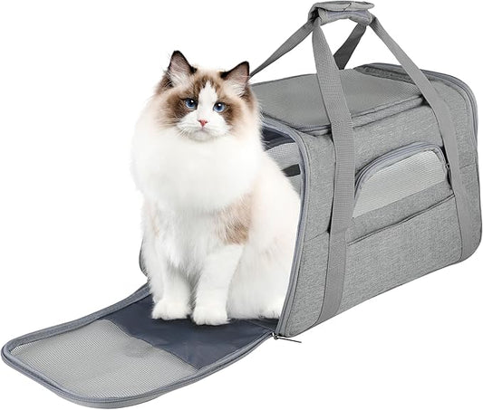 FluffyDream Pet Travel Carrier Soft Sided Portable Bag for Cats, Small Dogs, Kittens or Puppies, Collapsible, Durable, Airline Approved, Travel Friendly (Grey, 17.0" L x 10.0" W x 11.0" H) (Grey)