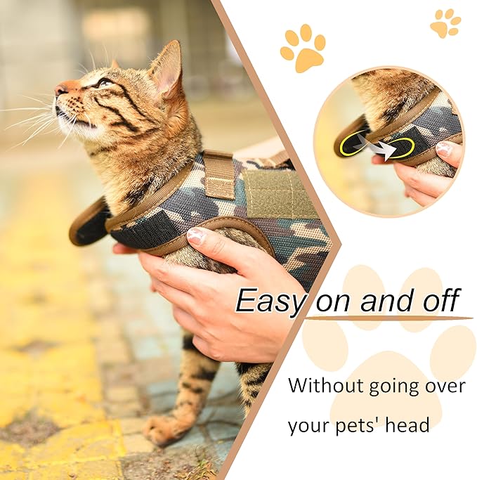 Tactical Kitty Harness and Leash for Walking Escape Proof Breathable Mesh Fabric, Jungle Camo, Small, Adjustable Cat Walking Jackets, Padded Stylish Cat Vest