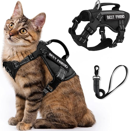 Tactical Cat Harness and Leash, Air Mesh Cat Walking Vest Harness Escape Proof, Reflective Large Cat Harnesses with Handle for Adult Fat Cats (ABlack, L)