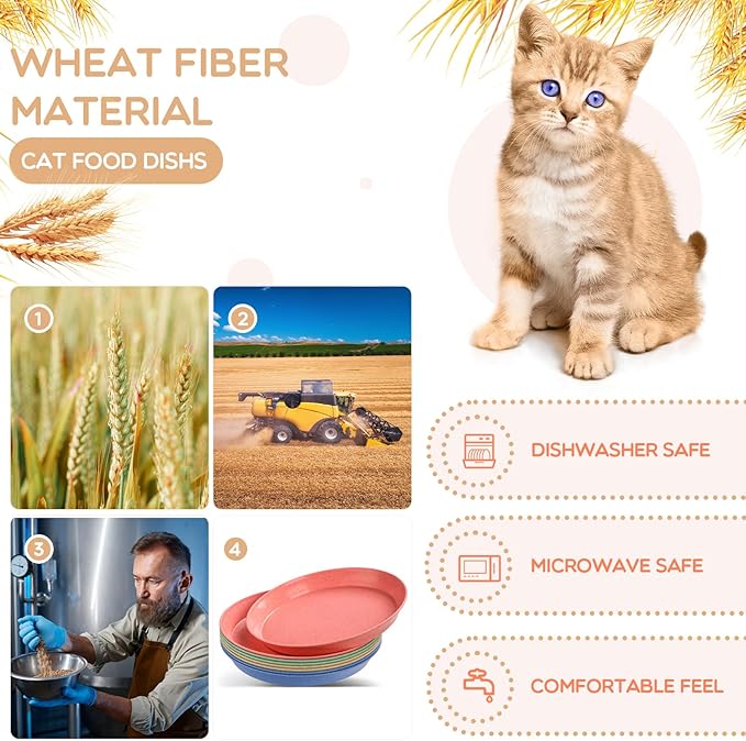 8 Pcs Whisker Fatigue Cat Bowls, 6 Inch Shallow Cat Food Dish Wide Cat Feeding Bowls, Wheat Straw Pet Plate for Kittens and Short Legged Cat