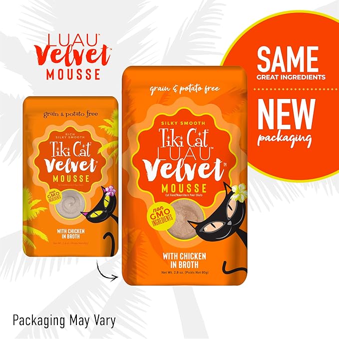 Tiki Cat Luau Velvet Mousse, Chicken in Broth, Complete Nutrition for Balanced Diet, Wet Cat Food For All Life Stages, 2.8 oz. Pouch (Pack of 12)