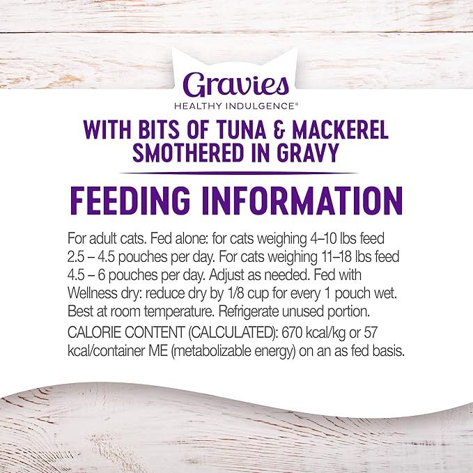 Wellness Complete Health Healthy Indulgence Gravy Adult Wet Cat Food, Natural, Protein-Rich, Grain Free, 3 Ounce Pouches, 24 Pack, (Tuna & Mackeral)