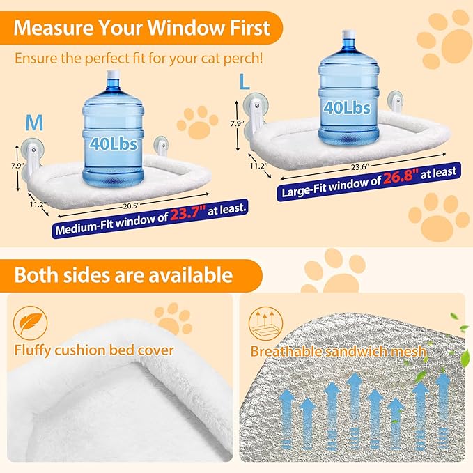 L&W BROS. Cat Window Perch Cat Hammock with 4 Suction Cups Easy to Assemble 20.5"x 11.2" Cat Window Bed for Large Heavy Cats Indoor(M 1Pc with Bed)