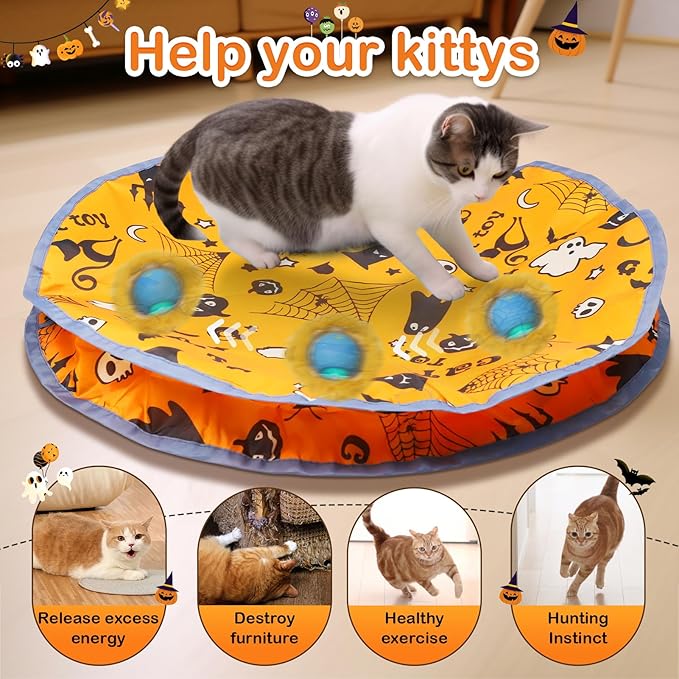 Interactive Cat Toys Ball Fast Rolling in Pouch, Motion Activate Chirping Cat Toy Hide and Seek Mouse Catching Game (Halloween Party)