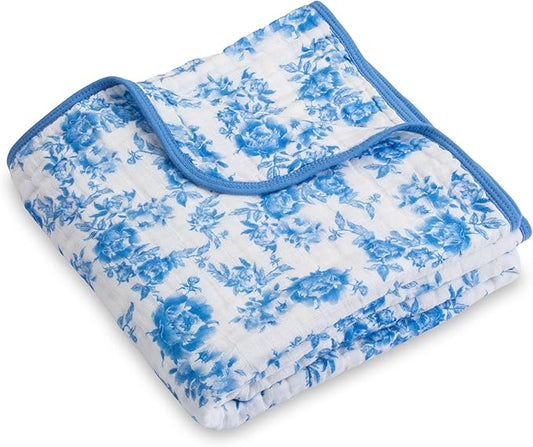 LollyBanks Muslin Baby Blanket 100% Cotton, Muslin Quilt Lightweight, Muslin Blanket for Girls, 6 Layers Baby Blankets 47"x 47", Soft Nursery Receiving Blankets Baby Essentials (Blue Peony Print)