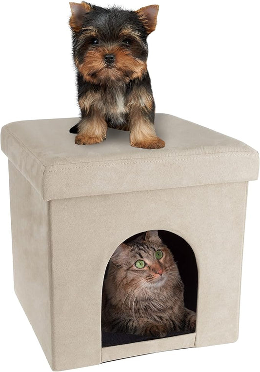 Pet House Ottoman - Collapsible Multipurpose Small Dog or Cat Bed Cube and Footrest with Cushion Top and Interior Pillow by PETMAKER (Microsuede Tan)