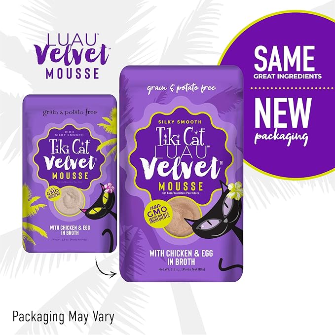 Tiki Cat Luau Velvet Mousse, Chicken & Egg in Broth, Complete Nutrition for Balanced Diet, Wet Cat Food For All Life Stages, 2.8 oz. Pouch (Pack of 12)