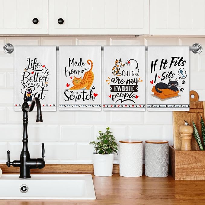 Hexagram Cat Kitchen Towels Set of 4, Funny Cat Mom Gifts for Women Lover, Cute Dish Hand Towels for Housewarming Kitchen Decor