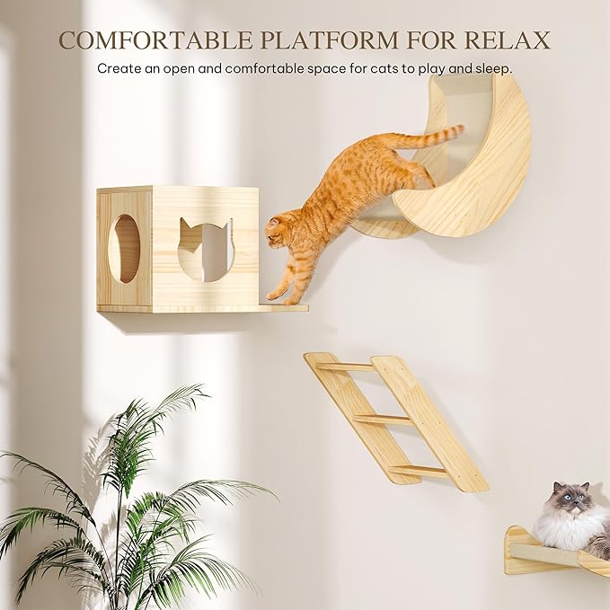 DWVO Cat Wall Shelves and Perches for Wall, Solid Wood Wall Mounted Cat Furniture, Set of 13 Cat Climbing Shelves with Moon Cat Wall House, Cat Wall Steps, Scratching Post, Hammock, Cat Tunnel