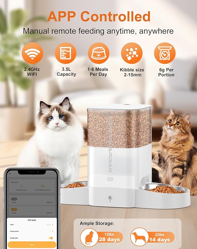 HoneyGuaridan 3.5L Automatic Cat Feeder for Two Cats, 2.4G WiFi Enabled Smart Feed Pet Feeder with Stainless Steel Bowl,APP Control Dispenser, Dual Power Supply,Desiccant Bag,10s Meal Call