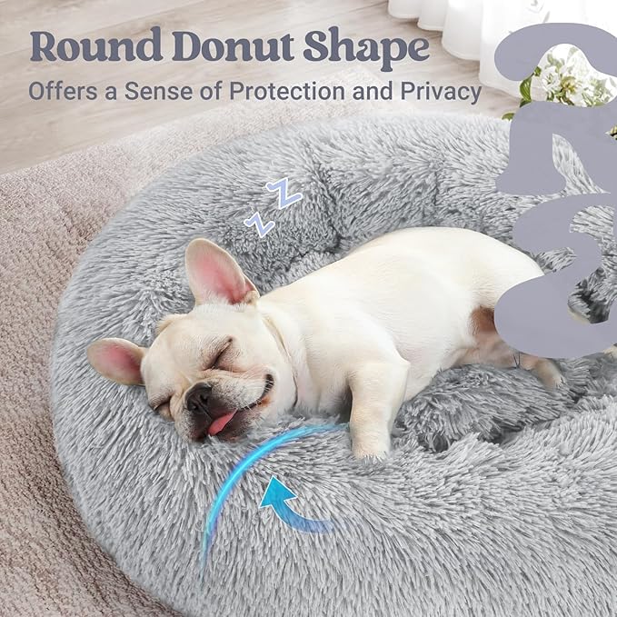 rabbitgoo Dog Bed for Small Dogs, 24 inches Washable Small Dog Bed, Fluffy Donut Dog Bed Anti-Slip, Calming Soft Plush Round Pet Bed for Dogs, Fits up to 18 lbs Pets, Light Grey