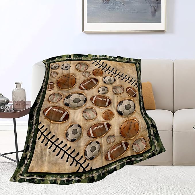 Vintage Sports Soccer Blanket Ultra Soft Cozy Plush Baseball Basketball Football Throw Blanket Sport Ball Fans Lovers Gifts Kids Adults Lightweight Flannel Comfy Blankets for Couch Sofa Bed 80"x60"