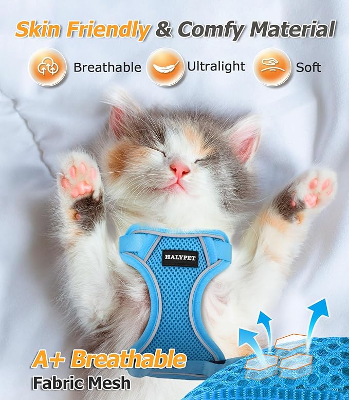 Halypet Cat Harness and Leash Set [MAX Safety 4th-Gen Upgrade] Escape Proof Adjustable Cat Leash Comfortable Soft Vest Easy to Wear Kitten Harness with Reflective Strip for Cats Walking, S SkyBlue