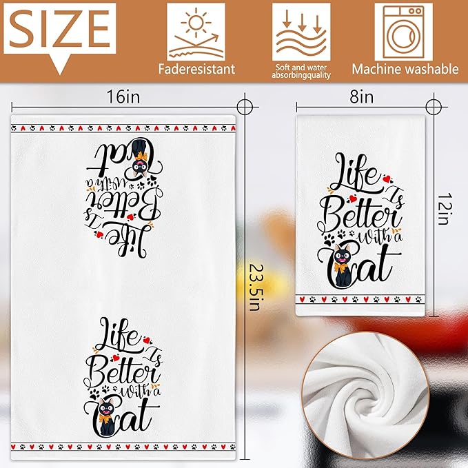 Hexagram Cat Kitchen Towels Set of 4, Funny Cat Mom Gifts for Women Lover, Cute Dish Hand Towels for Housewarming Kitchen Decor