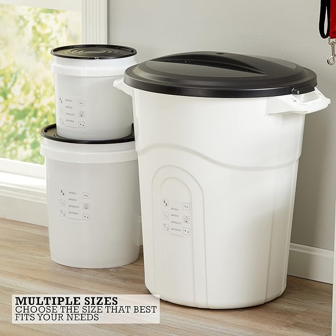 United Solutions Large Pet Food Storage Container with Snap-Tight Lid, 20 Gallon Capacity, Great for Dog Food, Livestock Feed, Bird Seed and More, (Pack of 2), White Base and Black Lid