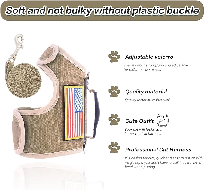 Tactical Cat Harness and Leash for Walking Escape Proof, Adjustable Cat Walking Jackets, Padded Stylish Cat Vest, Khaki, Medium