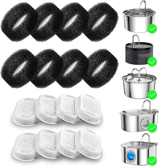 Cat Water Fountain Filter 16 pc for Stainless Steel Cat Fountain, Carbon Filter Plus Sponge Foam Filter Pack (16)