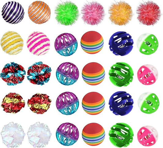 SunGrow Mix Balls for Ferrets, Multi-Sensory Fun Activity Set, Mind and Body Exercise, Teeth Care, Pet Enrichment, Assorted Foam, Jingle, Crinkle, Sisal, Coil, Pompom Balls, 30 Pcs