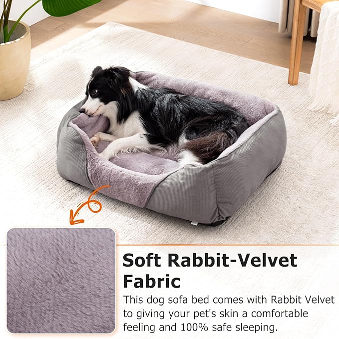 MIXJOY Dog Beds for Medium Dogs Washable, Calming Dog Bed Medium Size Dog, Soft Rectangle Pet Beds Sofa Cuddler, Orthopedic Sleeping Rabbit-Velvet Cozy Puppy Bed with Anti-Slip Bottom (30x24in, Grey)
