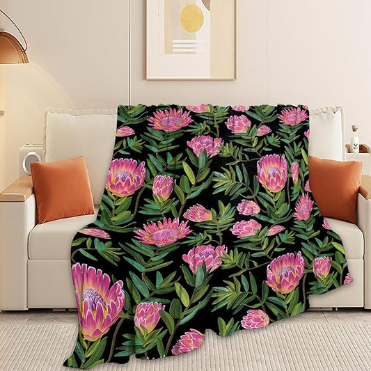 Protea Flower Blanket Ultra Soft Cozy Plush Farmhouse Floral Throw Blanket Wildflower Lovers Gifts for Girls Women Kids Adults Lightweight Flannel Comfy Blankets for Couch Sofa Bed 80"x60"