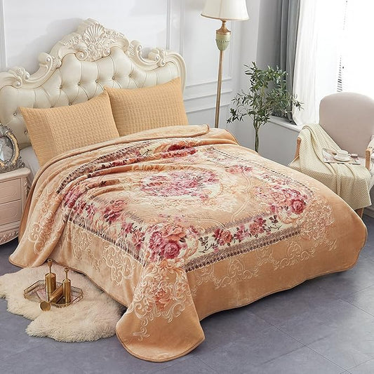 JML King Size Fleece Blanket, Korean Mink - 85 X 95 Inches, 9 Lbs, Soft and Warm, Thick Raschel Printed Mink Blanket for Autumn, Winter, Bed, Home (Printed - Khaki Floral)