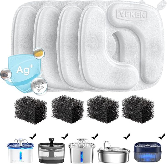 Veken Cat Water Fountain Filters, 4 Pack Replacement Filters & 4 Pack Replacement Pre-Filter Sponges Set for 67oz, 95oz, 135oz Automatic Pet Fountain Dog Water Dispenser