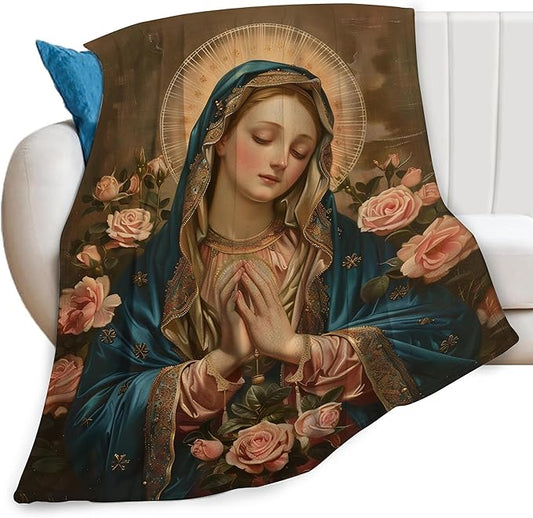 Virgin Mary Throw Blanket Catholic Religious Faith Mexican Mother of God Prayer Print Blankets Gifts for Couch Sofa Stuff Decor Cozy Fleece Plush Flannel Bedding for Lover Men Women Adults 50"x60"