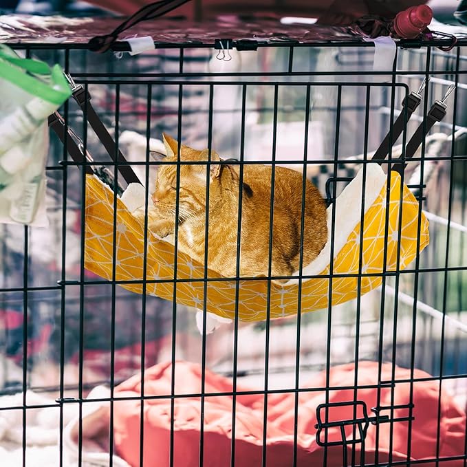 Lainrrew 3 Pcs Cat Hammock, Reversible Cat Hanging Hammock Pet Cage Hammock Soft Plush Cat Bed Double Sided Resting Sleepy Pad with Adjustable Straps for Cats Rabbits Small Dogs Small Animals