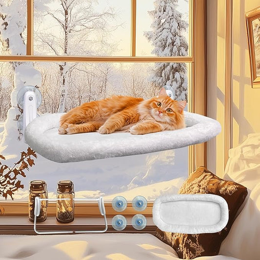 L&W BROS. Cat Window Perch Cat Hammock with 4 Suction Cups Easy to Assemble 23.6"x 11.2" Cat Window Bed for Large Heavy Cats Indoor(L 1Pc with Bed)