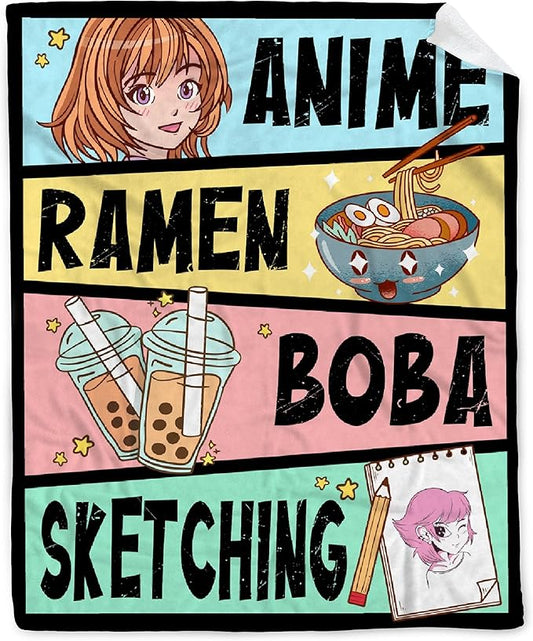 Anime Blanket Gifts for Girls Kawaii Anime Decor for Women Anime Ramen Boba Sketching Flannel Blanket Anime Lover Stuff, Luxurious Warm and Cozy for L 60X80 Inch Most People Choice