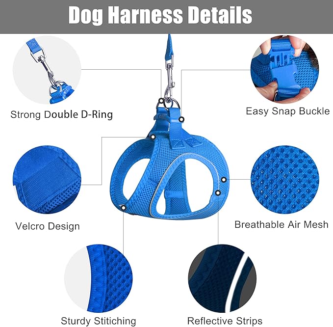 PetiFine Step in Small Dog Harness and Leash Set, Breathable All Weather Air Mesh Reflective Escape Proof, Step-in Vest Harnesses for Puppy(XS, Baby Blue)
