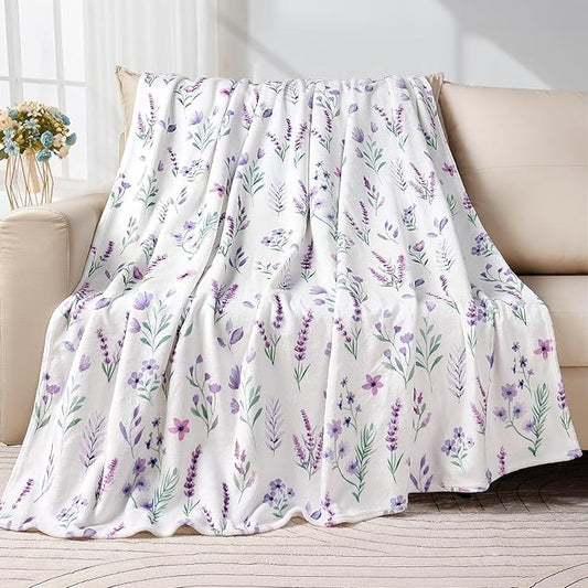 Purple Lavender Floral Throw Blanket Flower Botanical Throw Blankets Ultra Soft Cozy Flannel Throw Blanket Lightweight Fleece Fuzzy Plush Throw Blankets for Bed Chair Couch 60" X 80"