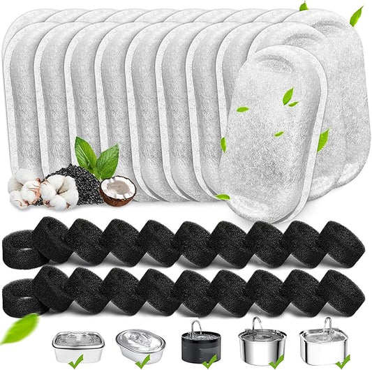 Cat Water Fountain Filters, 40 Pack Cat Fountain Replacement Filters for Stainless Steel 67oz/2L& 108oz/3.2L adjustable Water Flow Pet Water Fountain,Dog Water Fountain Filters(20 Filters& 20Sponges)