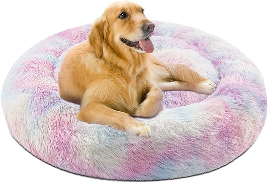 Friends Forever Donut Dog Bed Faux Fur Fluffy Calming Sofa For Large Dogs, Soft & Plush Anti Anxiety Pet Couch For Dogs, Machine Washable Coco Pet Bed with Non-Slip Bottom, 36"x36"x8" Rainbow