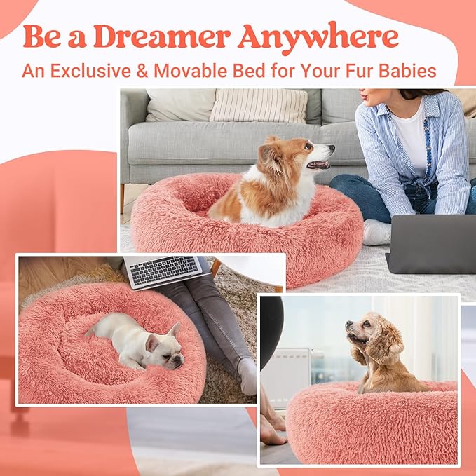 rabbitgoo Calming Dog Bed for Small Medium Dog, 30 inches Pet Bed Machine Washable, Non-Slip Round Fluffy Plush Faux Fur Large Cat Bed, Soft Donut Cuddler Cushion for Small Dog, Pink
