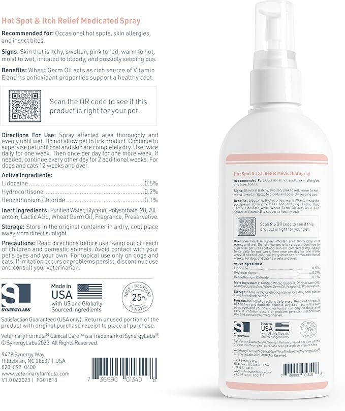 Veterinary Formula Clinical Care Hot Spot & Itch Relief Medicated Spray, 8oz – Easy to Use Spray for Dogs & Cats – Helps Alleviate Sensitive Skin, Scratching, and Licking of Coat
