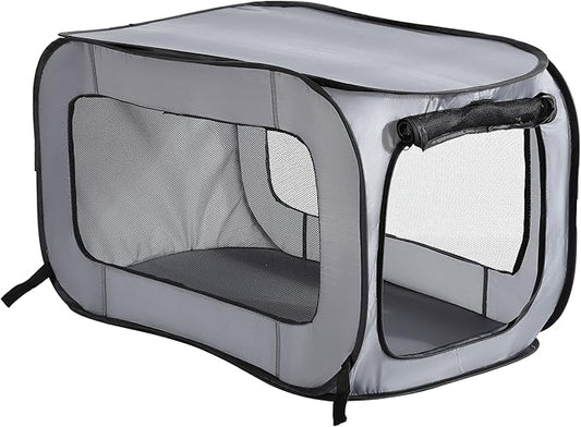 Beatrice Home Fashions Portable, Collapsible, Pop Up Kennel Travel Cat and Dog Crate, 24" L x 16.6" W x 16" H, Gray