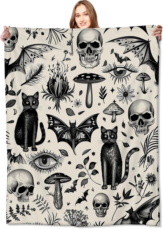 Spooky Goth Blanket Gothic Black Cats, Skulls, and Bats Throw Blankets Gifts for Girls Boys Adults Lightweight Soft Fleece Cozy for Sofa Couch Bed Room Travel Birthday Halloween Decor 60x80in