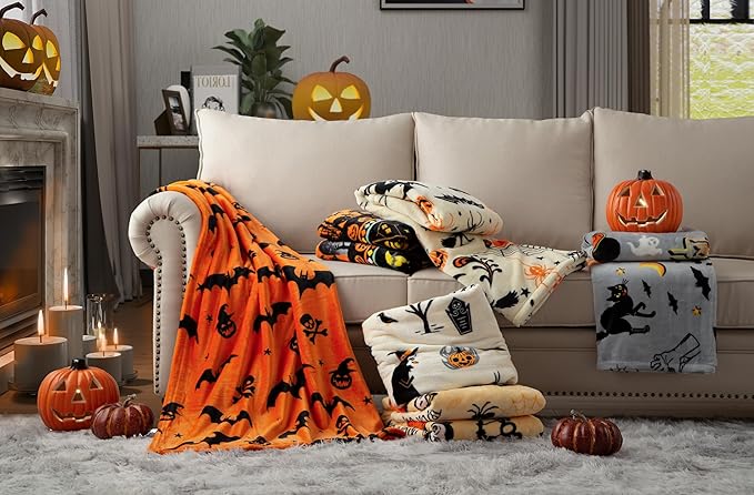 Ghost Halloween Blanket 50” x 70” Reversible Pumpkin Print Fleece Throw Blanket, 320 GSM Surper Soft Warm Cozy Fall Blanket for Couch Sofa Bed, Halloween Harvest Gifts and Home Decor