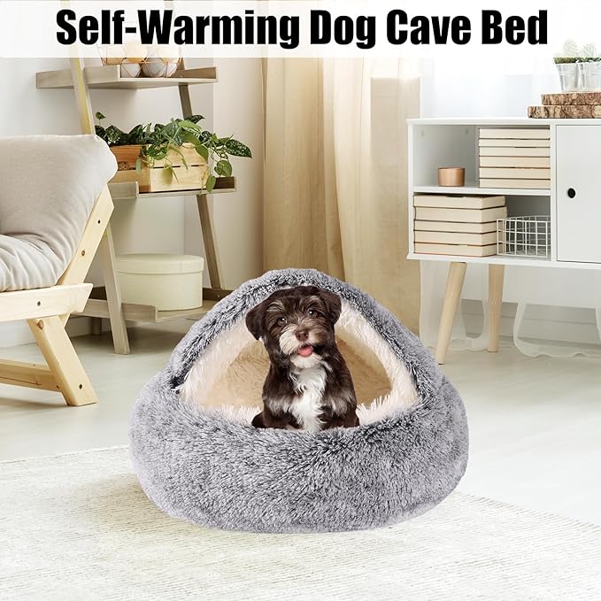 HYQ Small Dog Bed, Cat Beds for Indoor Cats Washable, Cozy Cat Cave Bed, Non-Slip Cat Beds, Calming Dog Bed with Hooded Cover, Dog Bed with Cover for Extra Small Pets (Grey, 16×16 Inch)