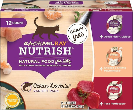 Nutrish Rachael Ray Natural Wet Cat Food with Added Vitamins, Minerals & Taurine, Ocean Lovers Variety Pack, 2.8 Ounce Cup (Pack of 12), Grain Free