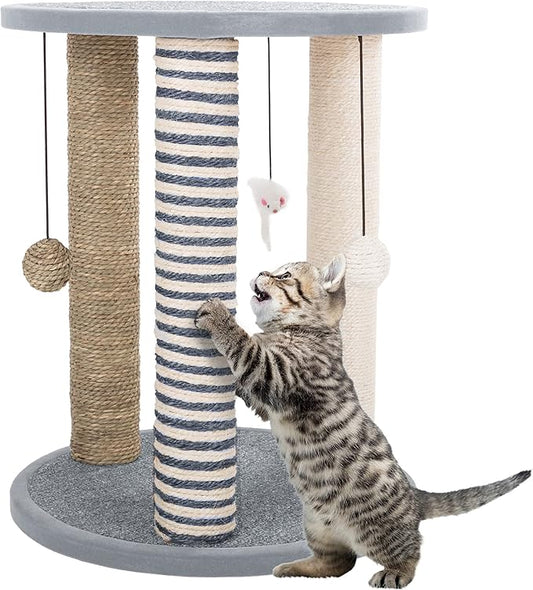 Cat Scratching Post - 3 Scratcher Posts with Carpeted Scratch Pad Base and Perch - Furniture Scratching Deterrent for Indoor Cats by PETMAKER (Gray)