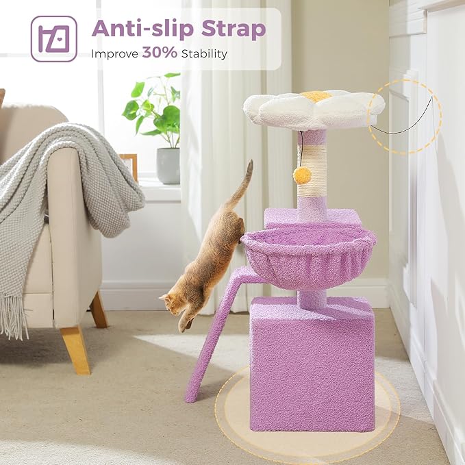 PETEPELA Flower Cat Tree for Indoor Cats, 32'' Small Cat Tower Cat Condo with Sisal Scratching Ramp, Cozy Hammock and Removable Flower Bed Perch for Kittens, Purple