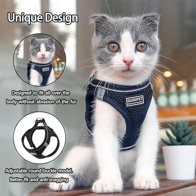 Cat Harness and Leash Set, Escape Proof Safe Adjustable Kitten Vest Harnesses for Walking, Easy Control Soft Breathable Mesh Jacket with Reflective Strips for Cats（Black Mesh，L）