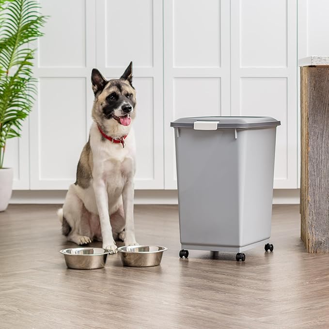 IRIS USA Dog Food Storage Container with Wheels, Airtight Lid, 2-Cup Scoop, Up to 54 Pounds Pet Food Storage, Built in Scoop Storage in Lid, Versatile Pet Food Bin, Portable, BPA Free, Gray/Dark Gray