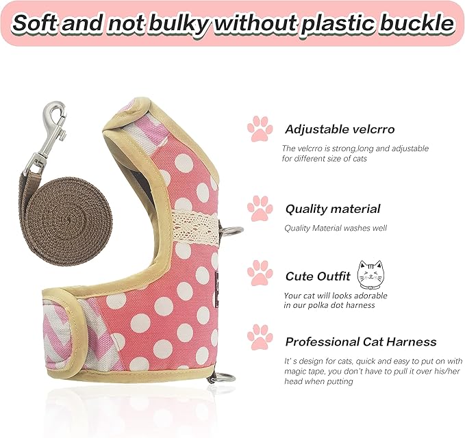 Cat Harness and Leash for Walking Escape Proof, Adjustable Cat Vest Harness, Padded Stylish Cat Walking Jackets, Polka Dot Pink, Small