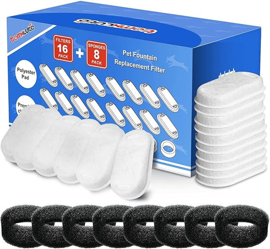 Tomxcute Official Cat Water Fountain Filters for 108oz/3.2L and 135oz/4.0L Adjustable Water Flow Cat Water Fountain, Ultra-Quiet Cat Water Fountain 16 Packs Filters & 8 Sponges Foam Filters